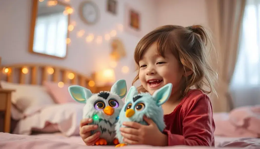 Child happily playing with Furby using various commands Child happily playing with Furby using various commands