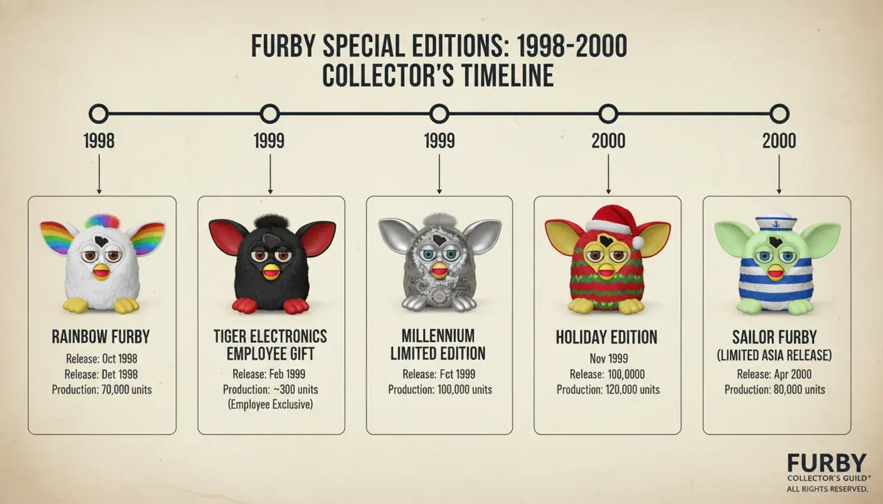 Timeline showing special edition Furby releases from 1998 to 2000