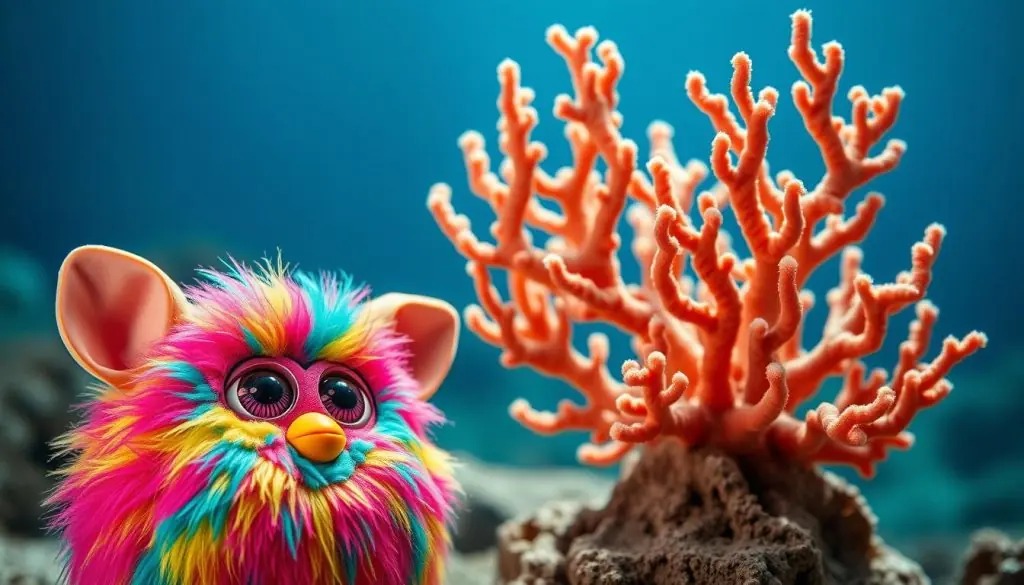 A vibrant, closeup comparison of a colorful Furby plush toy and a lush, branching Furby coral. The Furby sits in the foreground, its large expressive eyes and fuzzy texture contrasting with the detailed, undulating coral structure in the middle ground. The coral branches reach up towards soft, directional lighting, casting gentle shadows that add depth and dimension. The background is a hazy, out-of-focus underwater seascape, evoking a tranquil, aquatic atmosphere. The overall composition highlights the similarities and differences between the interactive toy and its natural, aquatic counterpart, inviting the viewer to appreciate the Furby's lifelike qualities. A vibrant, closeup comparison of a colorful Furby plush toy and a lush, branching Furby coral. The Furby sits in the foreground, its large expressive eyes and fuzzy texture contrasting with the detailed, undulating coral structure in the middle ground. The coral branches reach up towards soft, directional lighting, casting gentle shadows that add depth and dimension. The background is a hazy, out-of-focus underwater seascape, evoking a tranquil, aquatic atmosphere. The overall composition highlights the similarities and differences between the interactive toy and its natural, aquatic counterpart, inviting the viewer to appreciate the Furby's lifelike qualities.