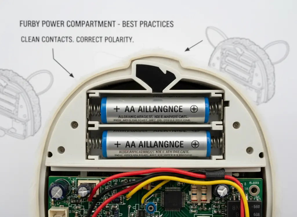 Furby battery compartment showing proper battery care and maintenance