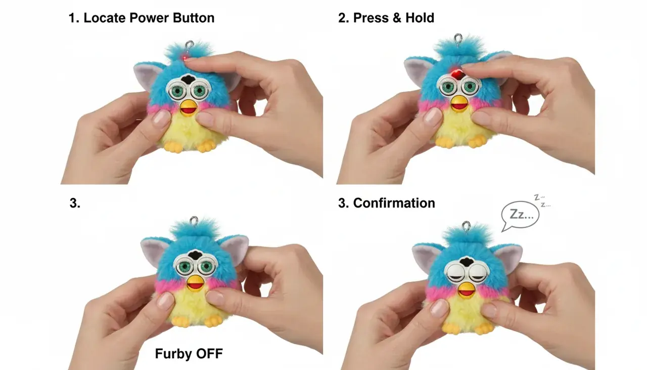 hands demonstrating how to turn off furby keychain step by step