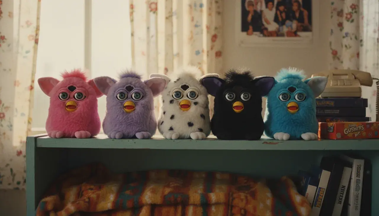 Collection of original 1998 Furby toys in various colors displayed together