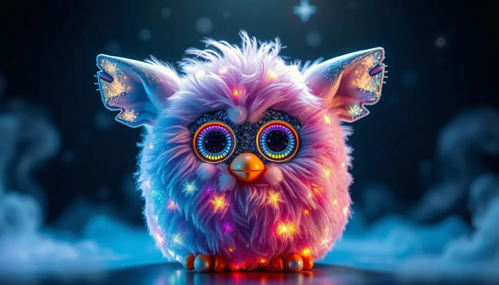 A mesmerizing Furby Galaxy Edition, its iridescent fur sparkling with cosmic glitters, emitting a captivating glow in the dark. The large, expressive eyes seem to peer into the depths of the universe, while its playful, interactive movements captivate the viewer. Soft, diffused lighting from above casts a dreamlike atmosphere, highlighting the Furby's otherworldly features. The scene is set against a starry, ethereal backdrop, evoking a sense of wonder and discovery. Intricate details, such as the textured fur and whimsical expression, draw the viewer into this enchanting, galactic realm. This Furby is a delightful, immersive companion, inviting the user to explore the mysteries of the cosmos. A mesmerizing Furby Galaxy Edition, its iridescent fur sparkling with cosmic glitters, emitting a captivating glow in the dark. The large, expressive eyes seem to peer into the depths of the universe, while its playful, interactive movements captivate the viewer. Soft, diffused lighting from above casts a dreamlike atmosphere, highlighting the Furby's otherworldly features. The scene is set against a starry, ethereal backdrop, evoking a sense of wonder and discovery. Intricate details, such as the textured fur and whimsical expression, draw the viewer into this enchanting, galactic realm. This Furby is a delightful, immersive companion, inviting the user to explore the mysteries of the cosmos.