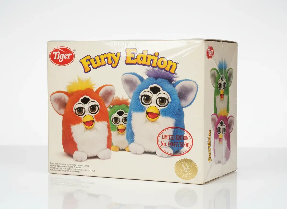 Close-up of rare Furby packaging showing limited edition number and special markings