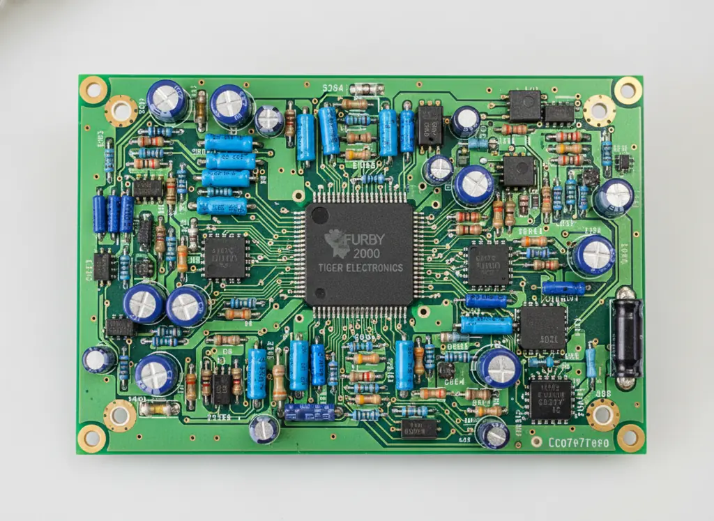 inside a furby circuit board with microprocessor and electronic components