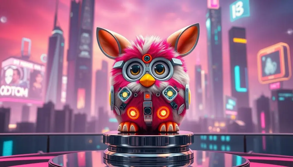 A whimsical, retro-futuristic Emoto-Tronic Furby design. In the foreground, a cybernetic, multicolored Furby with intricate circuitry and glowing panels across its plush body. Its large, expressive eyes blink and shift, evoking a sense of AI-driven emotion. In the middle ground, the Furby sits atop a sleek, metallic pedestal with a glossy, chrome finish. The background features a futuristic cityscape, with towering skyscrapers, holograms, and a vibrant, neon-tinged color palette that suggests a utopian, technologically-advanced setting. The lighting is soft and diffused, creating a warm, almost dreamlike atmosphere that highlights the Furby's unique, cutting-edge design.