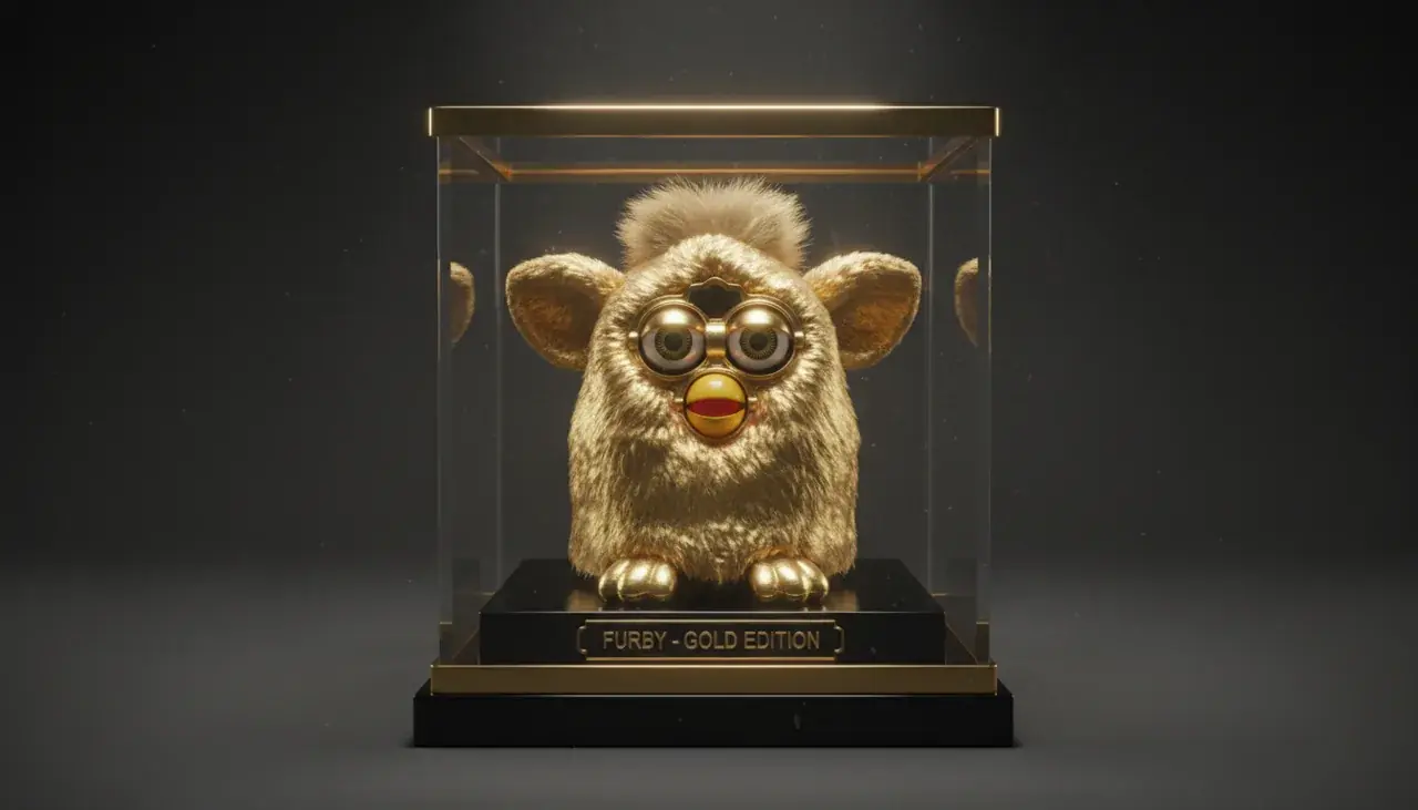 Gold special edition Furby with metallic gold fur shining under light
