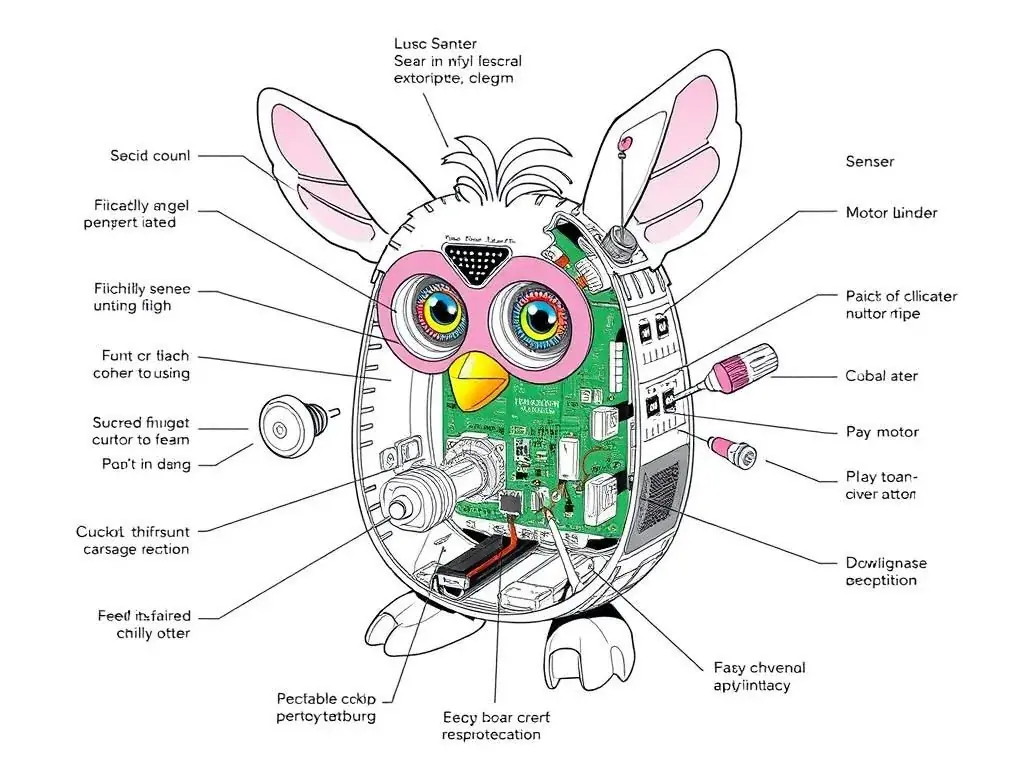 Technical diagram showing the internal components of a Furby toy