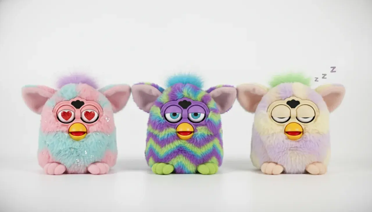 multiple Furbies showing different personality expressions on LCD eyes