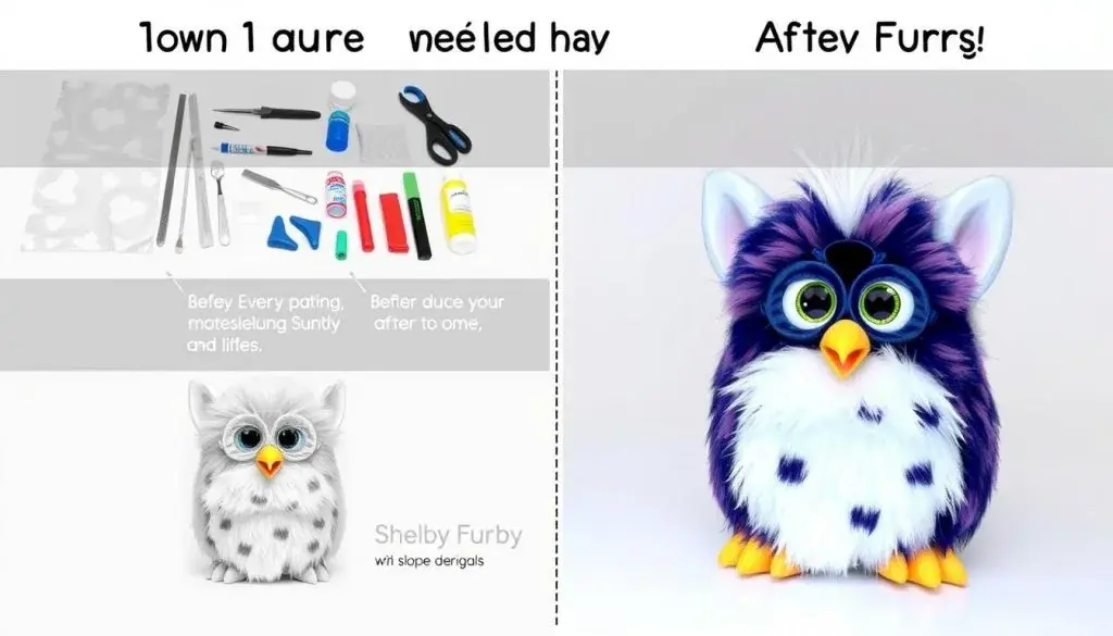 Step-by-step process of customizing a Shelby Furby with new colors and accessories