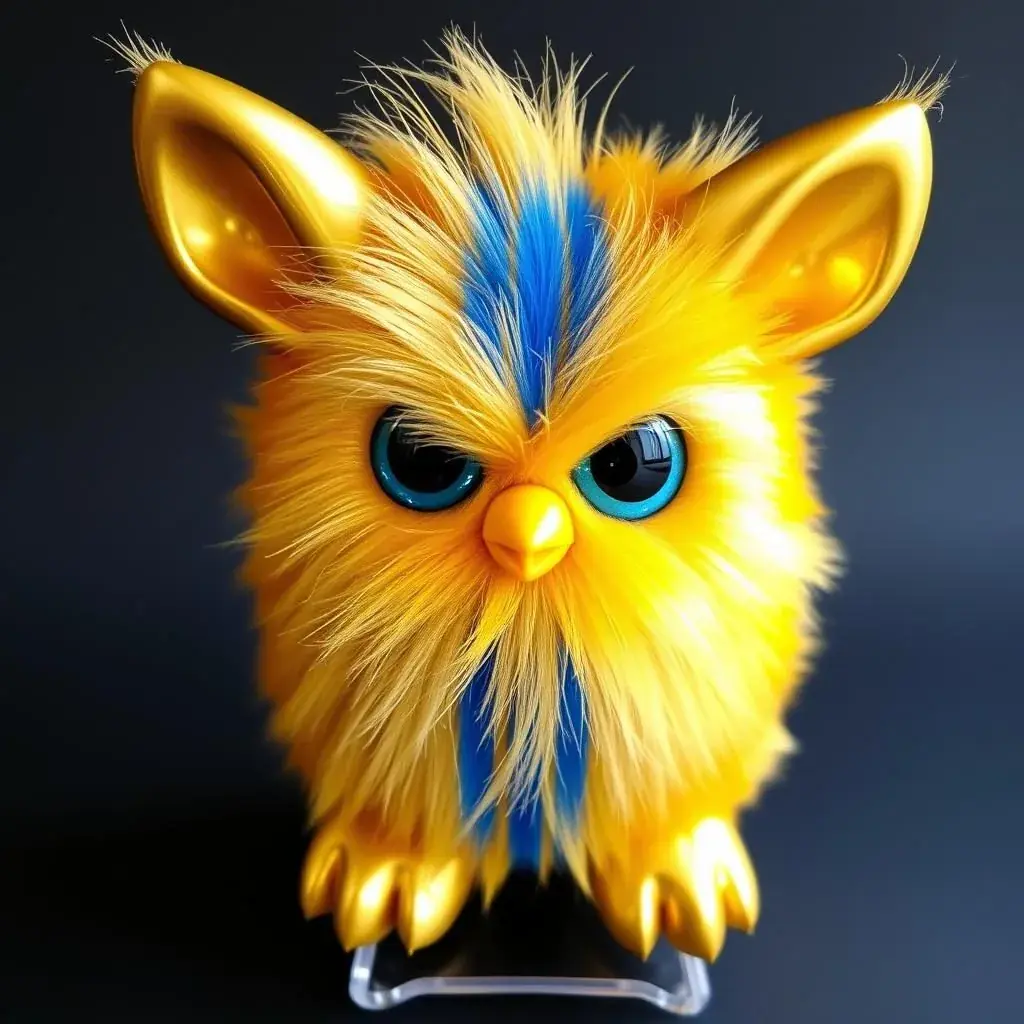 Metallic gold Shelby Furby with racing stripes inspired by classic Shelby cars