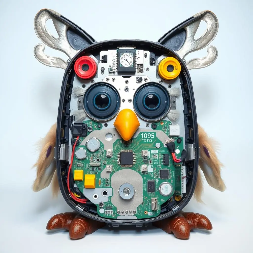 Internal components of a Furby showing the technology behind the history of Furby