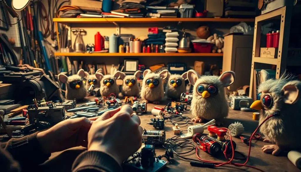 A detailed workshop scene capturing the intricate process of constructing a Furby organ. In the foreground, a pair of skilled hands delicately assembles the custom electronic components and mechanisms that give the Furby its unique voice and movement. The middle ground reveals an array of disassembled Furby parts, each awaiting their transformation. In the background, shelves brimming with tools, wires, and other maker supplies set the stage for this labor of love. Warm, directional lighting casts dramatic shadows, highlighting the precision and care required to breathe new life into these beloved toys. The overall atmosphere conveys the dedicated, almost reverential nature of this Furby organ building process.