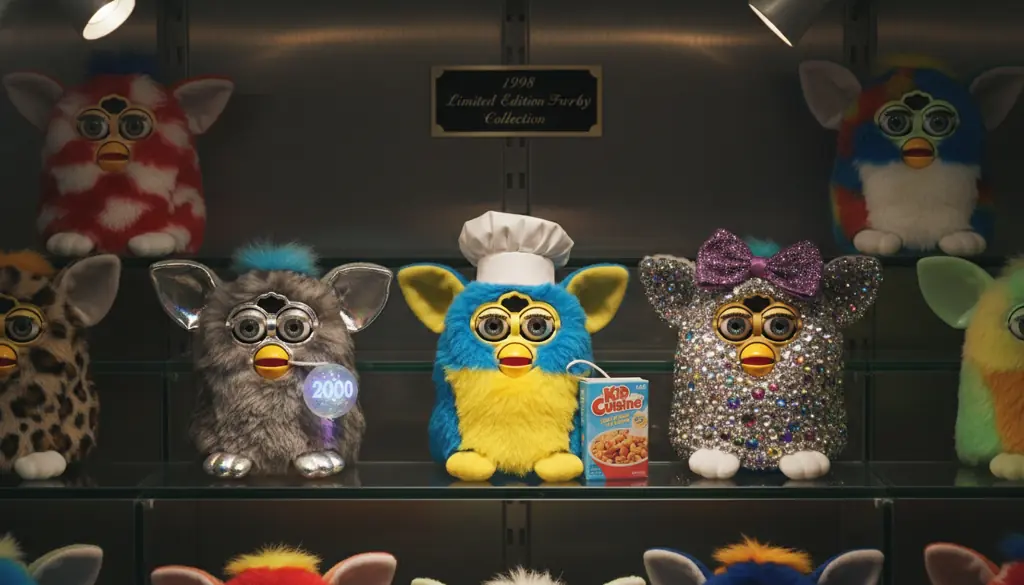 Display of rare special edition 1998 Furbys including Kid Cuisine and Millennium editions