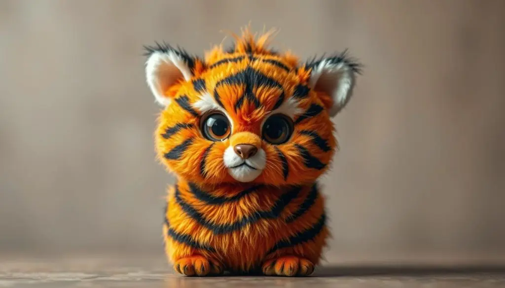 A furry, feline creature with vibrant orange and black stripes stands proudly, its large expressive eyes gazing intensely. The creature's rounded, plush body is adorned with intricate textural details, giving it a tactile, almost tangible quality. Soft, fuzzy fur covers its form, creating a warm, inviting appearance. Delicate, pointed ears perk up, conveying a sense of alertness and curiosity. The lighting is soft and diffused, highlighting the creature's captivating features and creating a sense of depth and dimension. The background is a muted, neutral palette, allowing the striking design of the furby tiger to take center stage.