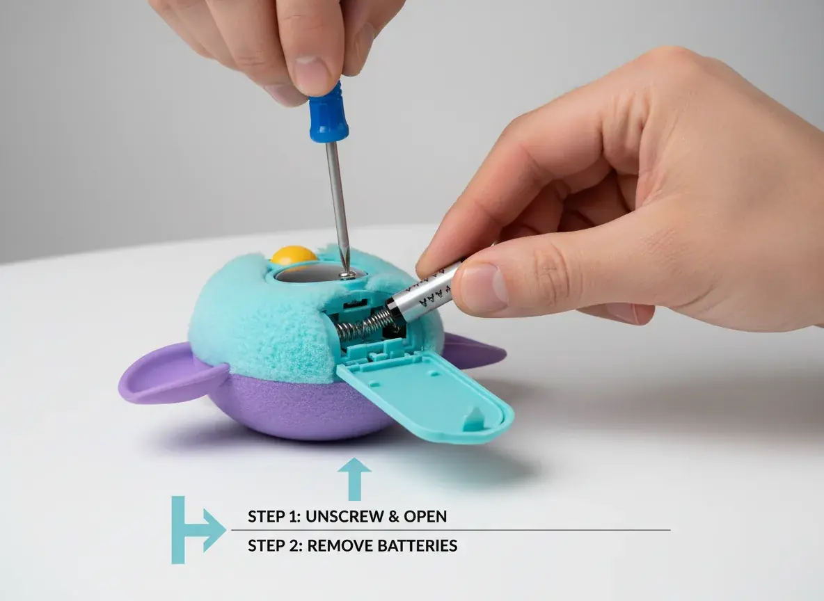 Mini Furby battery compartment with screwdriver removing batteries