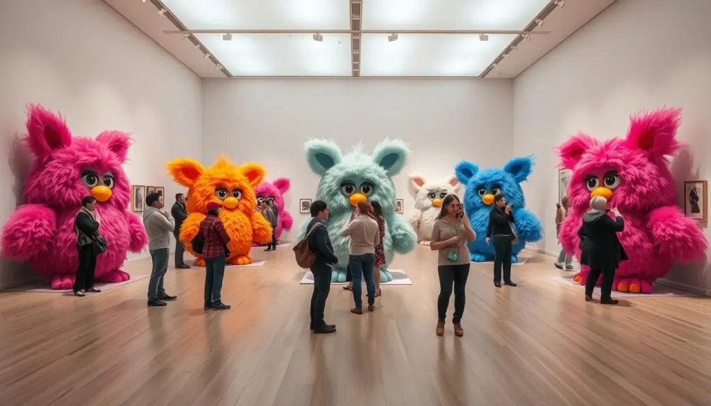 Giant Furby installation at an art gallery with viewers interacting