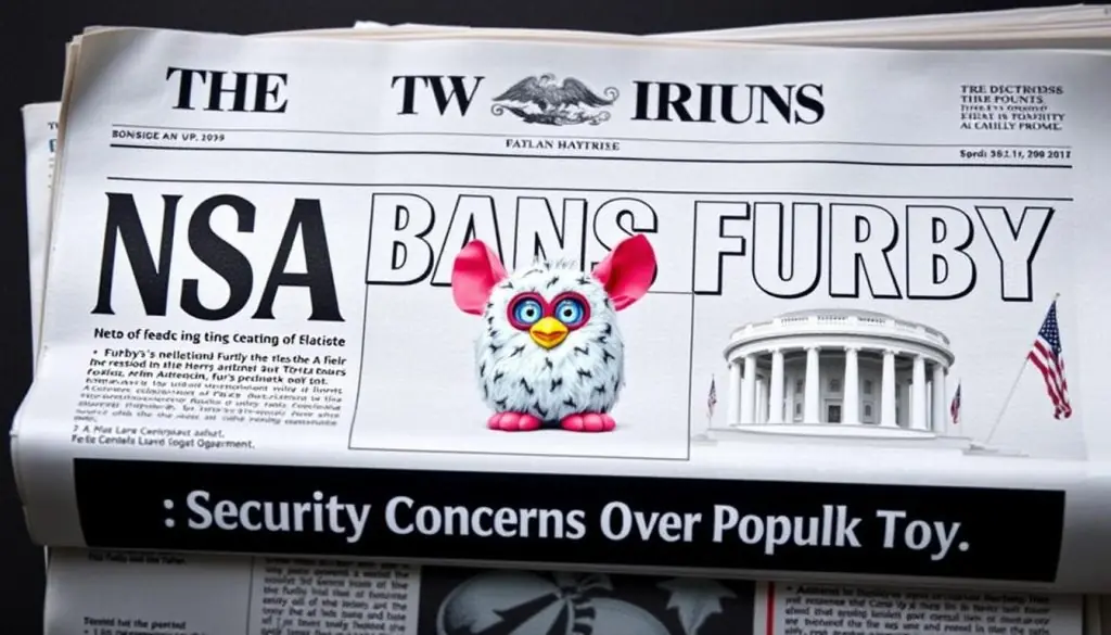 News headline about Furby being banned from government facilities in the history of Furby controversies