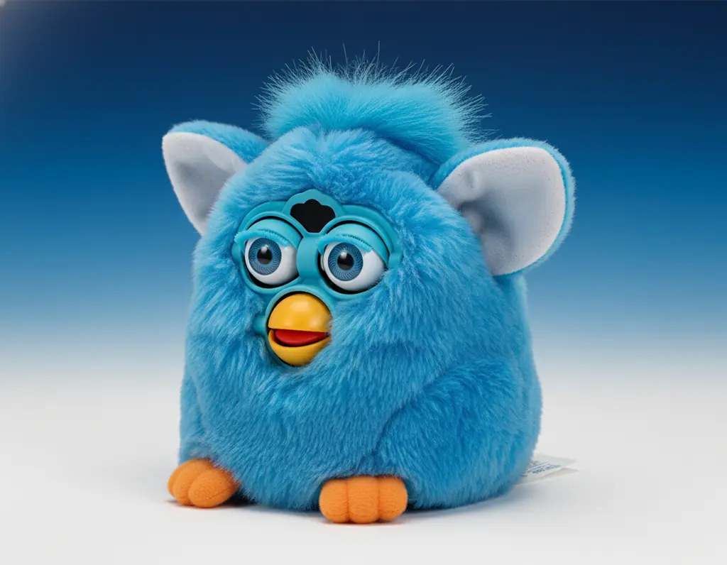 Blue Furby electronic plush toy displaying personality and interactive capabilities