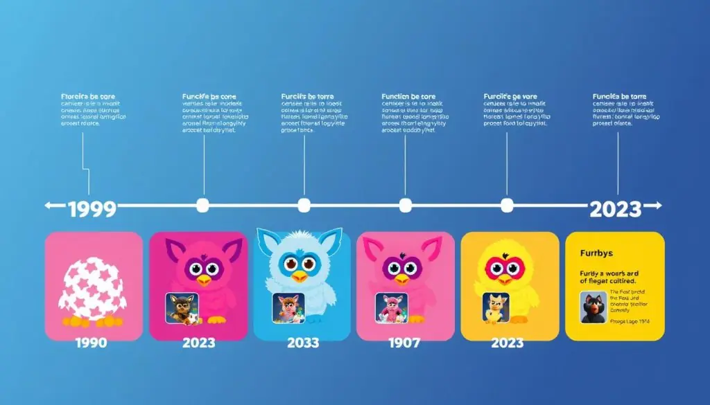 Timeline showing the evolution of Furby models from 1998 to 2023
