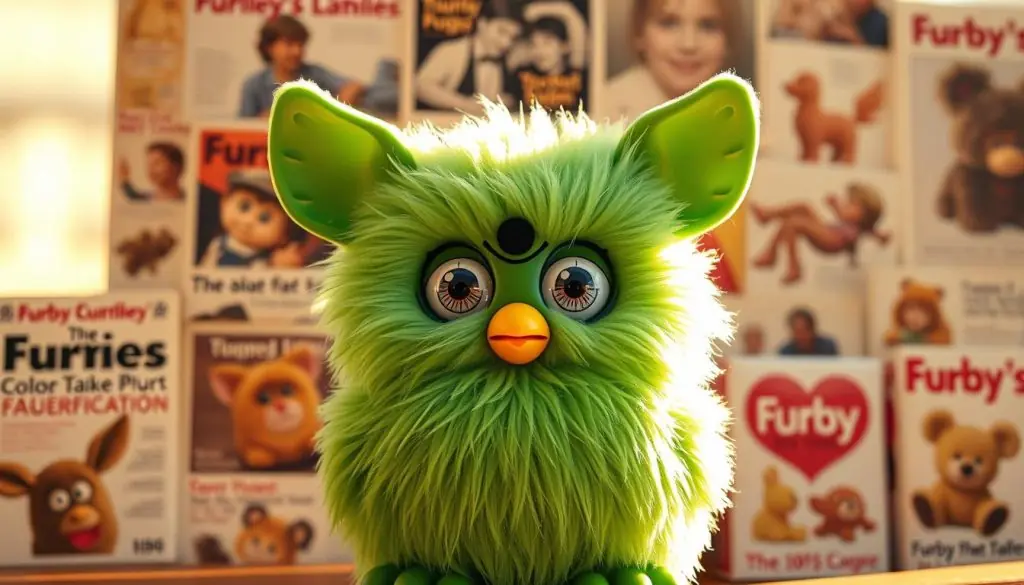 A vintage green Furby toy, centered in the frame, cast in warm afternoon light. The plush, fur-like texture of the Furby's body is meticulously rendered, its large, expressive eyes gazing curiously. In the background, a collage of historical Furby advertisements and product packaging from different eras, creating a visual timeline of the toy's evolution. The overall composition evokes a sense of nostalgia and the rich history behind the iconic Furby Green color.