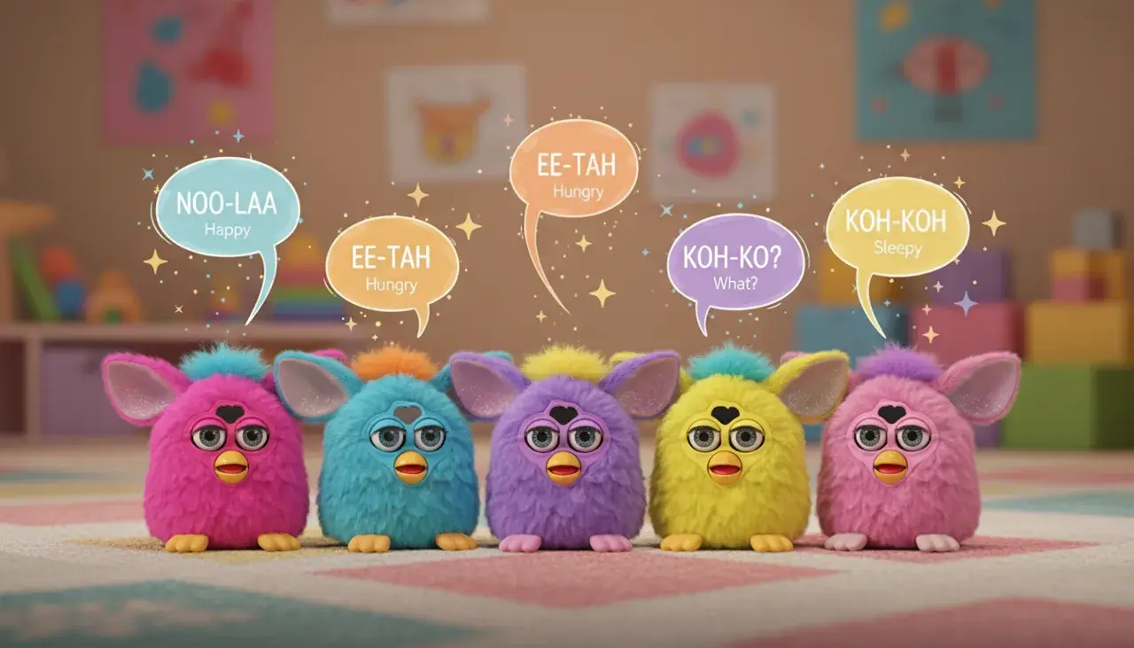furby language communication with colorful furby toys displaying speech patterns