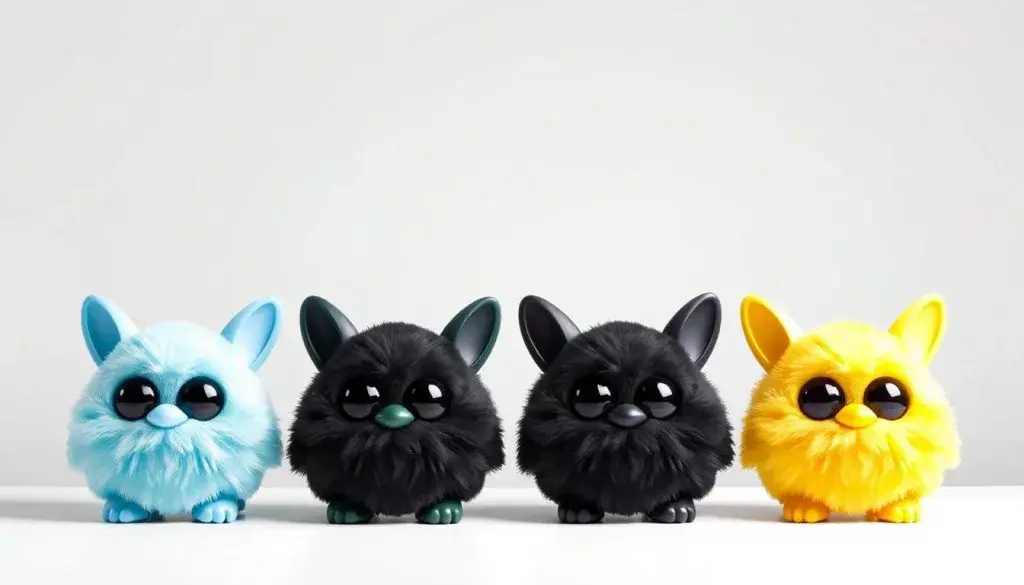 Multiple Shelby Furby color variants displayed side by side showing the range of designs