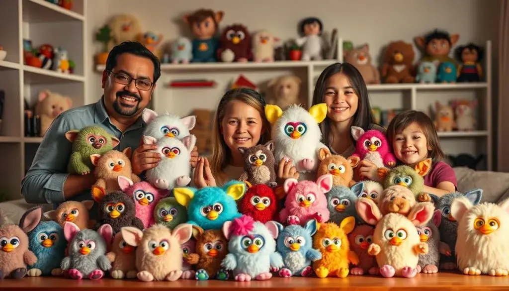 Family displaying their Furby collection spanning multiple generations