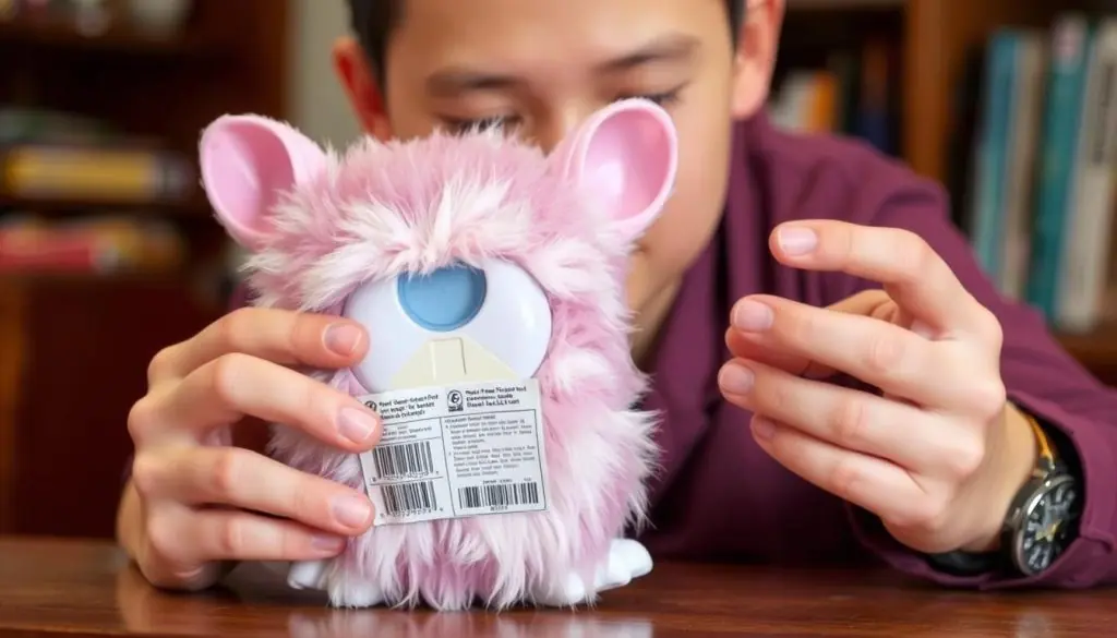 Person examining a Furby for authenticity and condition before purchase