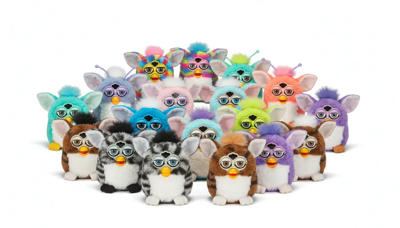 Collection of various Furby generations displayed showing price range diversity