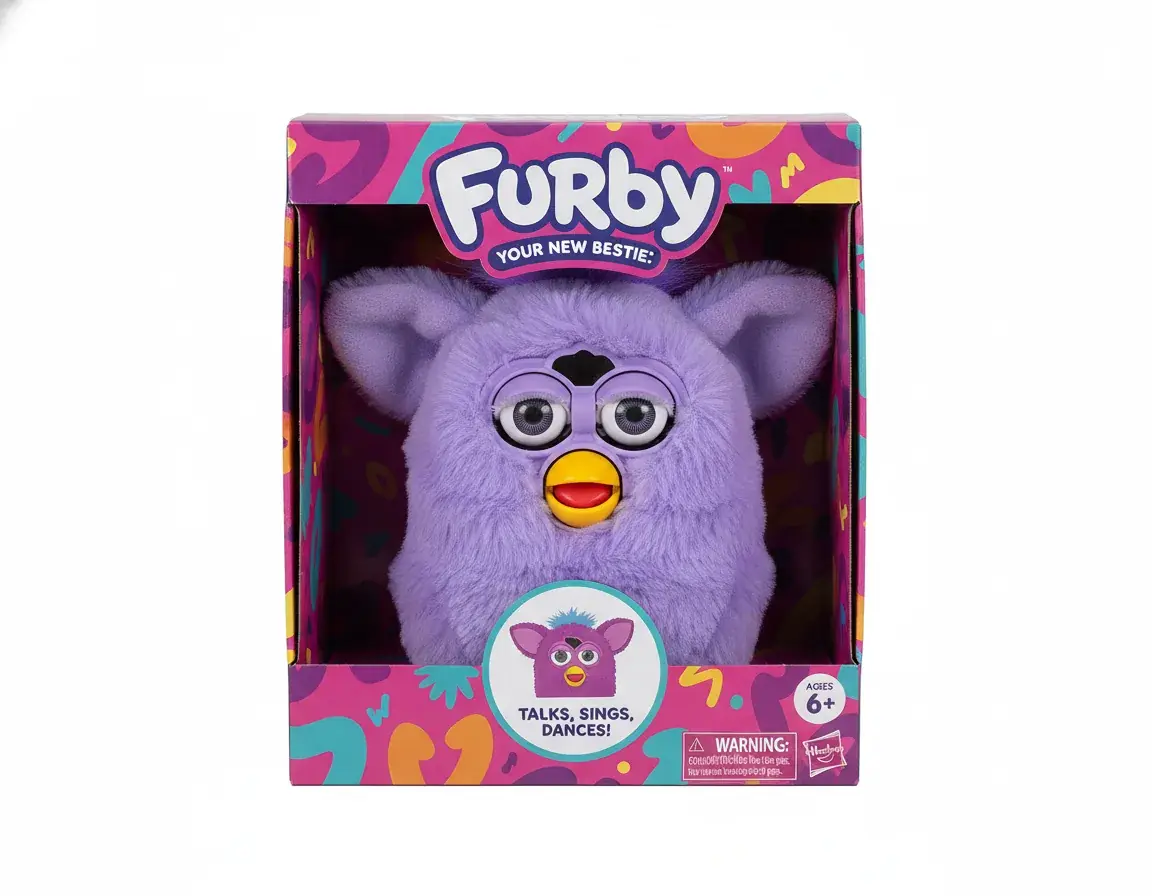 Purple Furby toy in packaging showing product details and features