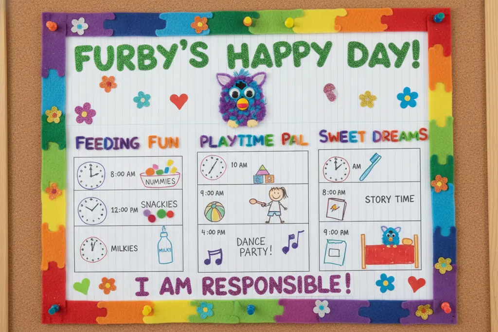 child creating daily care routine chart for Furby toy