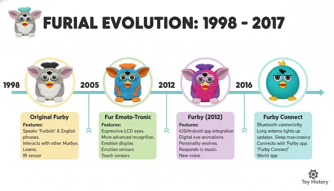 timeline showing evolution of Furby toys from 1998 to 2017
