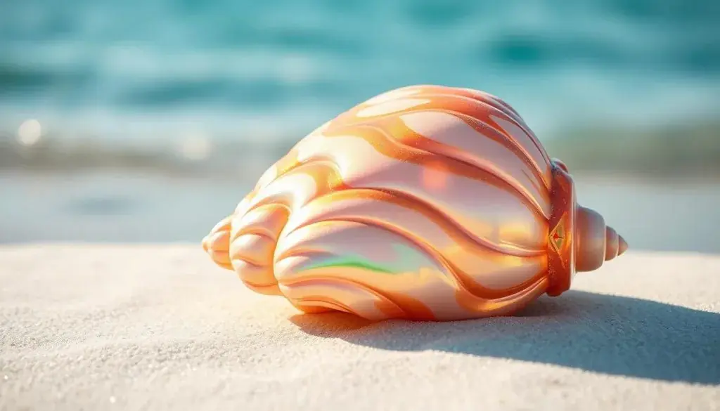 A detailed, high-resolution image of a vibrant, iridescent seashell resting on a smooth, sandy beach. The shell's surface glistens with a rainbow of warm, inviting hues, ranging from pearly whites to rich ochres and golds. Soft, diffused sunlight bathes the scene, casting gentle shadows and highlighting the shell's intricate patterns and textures. The background is a serene, blurred expanse of azure ocean, creating a peaceful, tranquil atmosphere. The composition is balanced, with the shell occupying the central focal point, inviting the viewer to closely examine its delicate beauty. The overall mood is calming and contemplative, reflecting the gentle, nurturing essence of the Furby Shelby character.