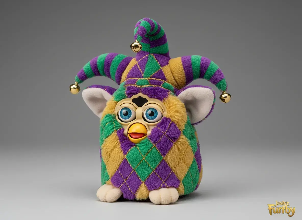 Jester Furby displaying colorful diamond pattern and festive design
