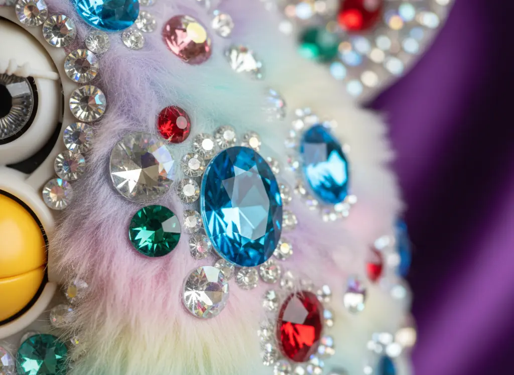 Close-up of Swarovski crystals on Bejewelled Furby showing luxury detail