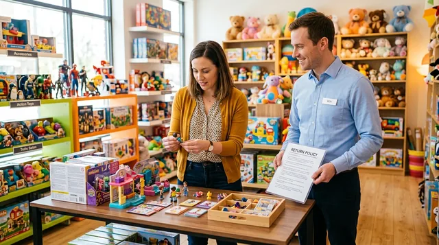 Two adults examining toys at a shop table while one holds a return-policy sheet