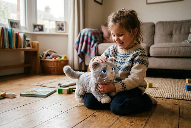 Child sitting on a wooden floor and cuddling a grey plush cat with blue eyes