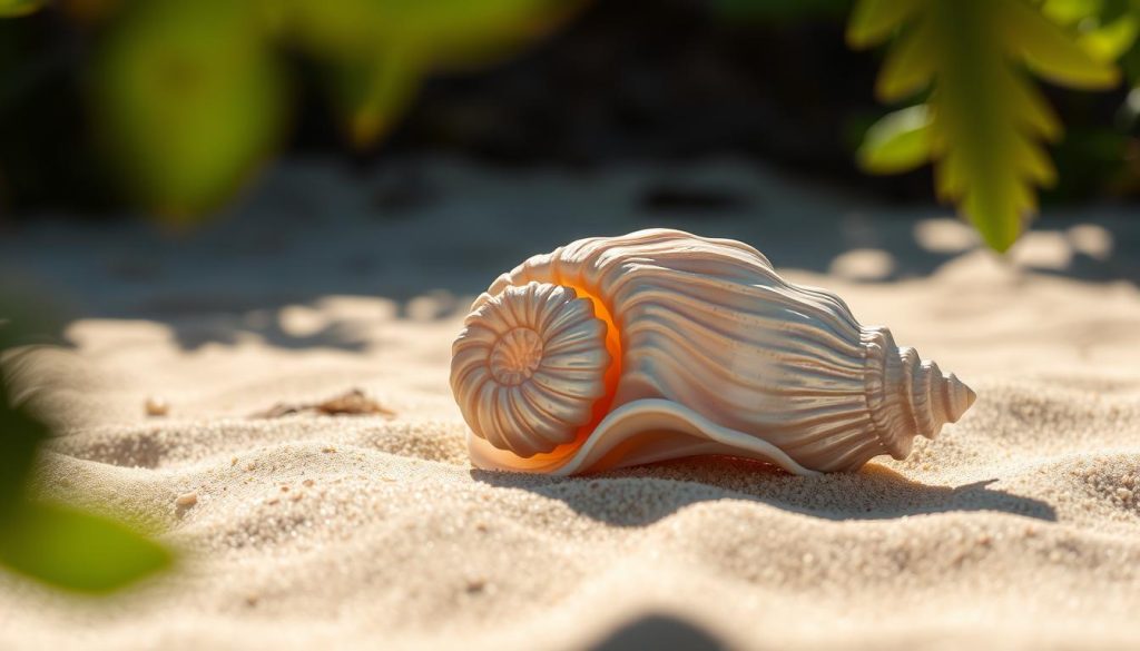 A beautifully crafted shell rests gently on a sun-dappled beach, its intricate spirals and delicate ridges casting mesmerizing shadows. The shell's iridescent surface reflects the warm, golden tones of the surrounding sand, creating a serene and tranquil atmosphere. In the distance, a gentle ocean breeze whispers, hinting at the shell's origins and the mysteries it holds. The composition is framed by softly blurred, verdant foliage, lending a sense of depth and enclosure, inviting the viewer to explore the captivating details of this captivating natural wonder.