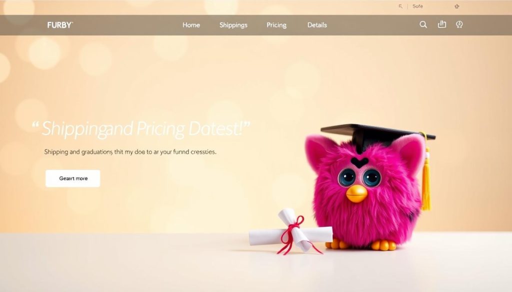 A beautifully designed product page showcasing a festive Furby graduation set. In the foreground, the Furby graduation cap and diploma are displayed on a clean white surface, with elegant typography highlighting the "Shipping and Pricing Details" section. The middle ground features a subtle gradient background in warm, celebratory tones, creating a sense of celebration and anticipation. The background includes soft, blurred bokeh elements, suggesting a high-quality, professional product photography setup with a shallow depth of field. The overall composition and lighting convey a premium, high-end aesthetic, perfectly suited to showcase the special Furby graduation offering.