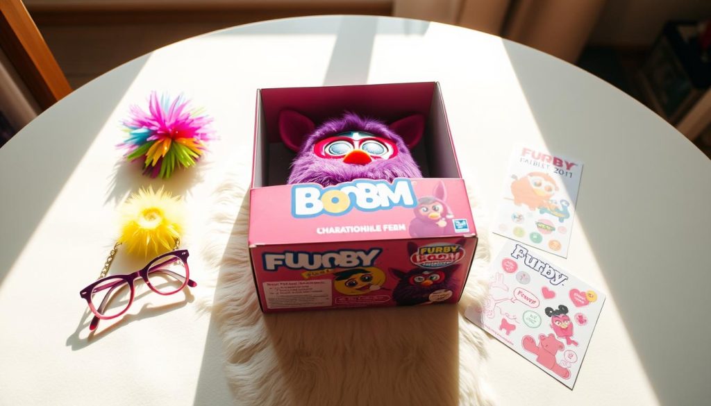 A bright, well-lit table with an unopened Furby Boom box taking center stage. The box is nestled on a soft, plush surface, surrounded by scattered Furby-themed accessories - a tuft of colorful faux fur, a tiny pair of Furby glasses, and a playful Furby-themed sticker sheet. The camera angle is angled slightly from above, capturing the anticipation and excitement of the unboxing moment. Warm, natural lighting illuminates the scene, casting a gentle glow and emphasizing the tactile, inviting nature of the Furby Boom packaging. The overall mood is one of playfulness, curiosity, and a sense of childlike wonder, perfectly capturing the spirit of the "Unboxing Your Furby Boom Furbling" section.