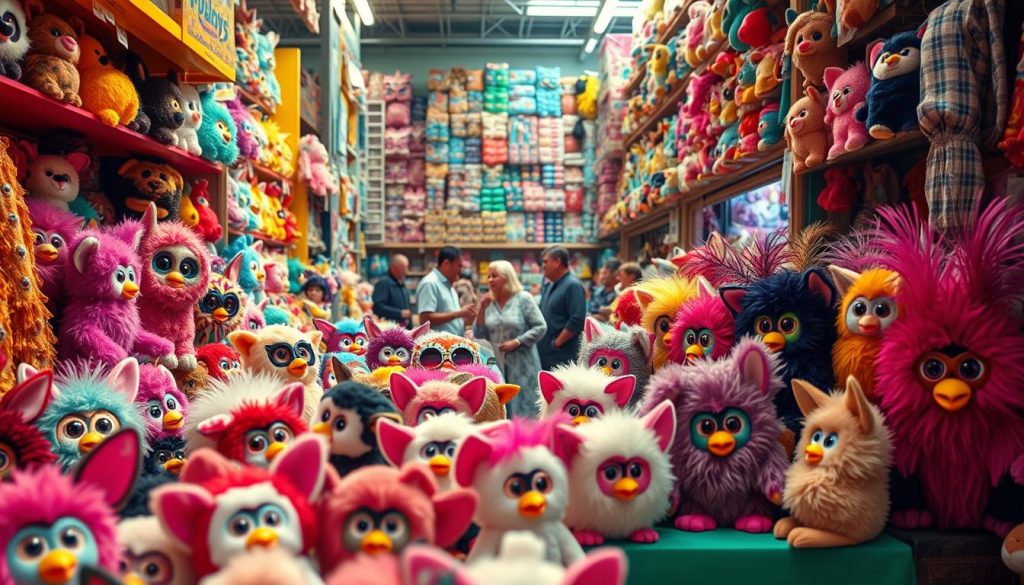 A bustling Furby marketplace unfolds, with a vibrant assortment of the iconic plush toys displayed on colorful stalls. In the foreground, vintage Furbies from the '90s are showcased alongside the latest models, their big eyes and expressive faces drawing in potential buyers. Vendors in the middle ground haggle and negotiate, creating a lively atmosphere. In the background, a maze of towering shelves filled with Furby merchandise hints at the scale and diversity of the Furby market. Warm, directional lighting casts a cozy glow, accentuating the nostalgic charm of the scene. The overall mood is one of playful excitement, reflecting the enduring appeal of these beloved interactive pets.