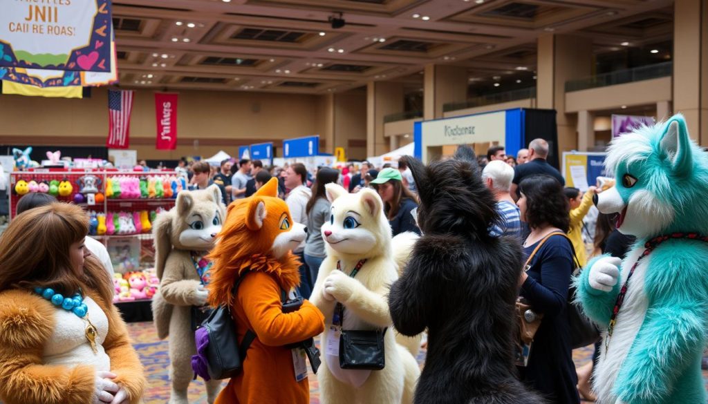 A bustling, vibrant furry convention scene. In the foreground, a group of costumed furry characters engaging in lively interactions, their expressive body language and detailed costumes capturing the spirit of the fandom. In the middle ground, a colorful vendor area filled with plushies, accessories, and other merchandise, all reflecting the diverse interests of the community. The background showcases a grand convention center with high ceilings, warm lighting, and a sense of excitement in the air. The overall atmosphere is one of inclusive celebration, creativity, and a shared passion for the furry lifestyle.
