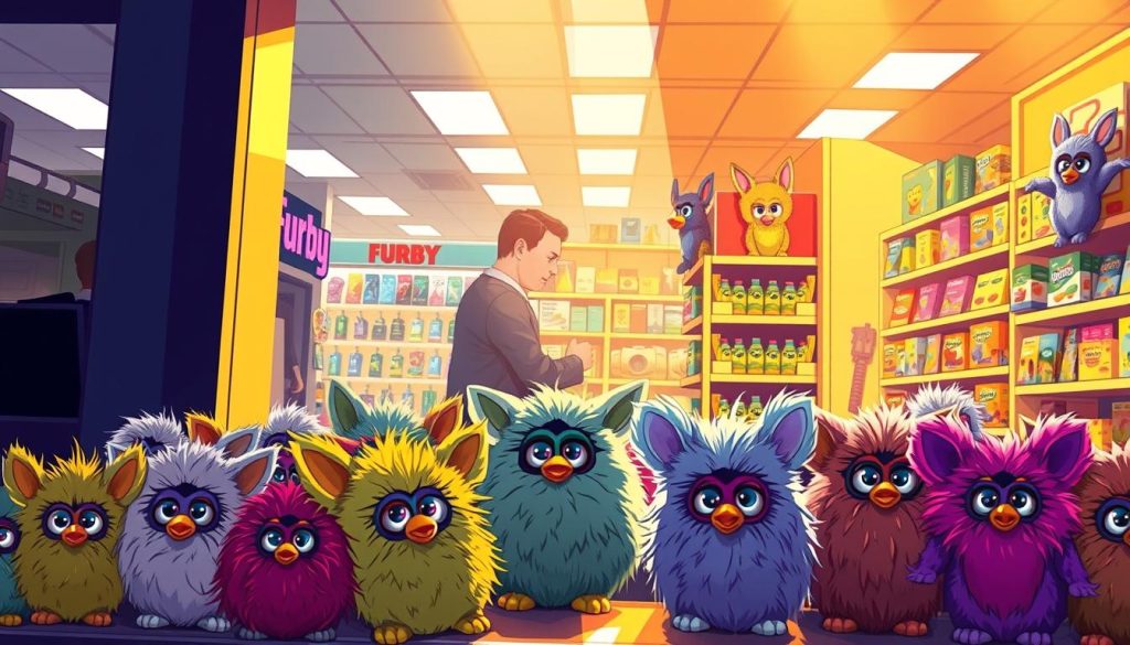 A captivating illustration of the top retail outlets for acquiring the iconic Furby toy. A well-lit, detailed storefront display showcasing a variety of Furby models, with warm lighting highlighting the vibrant colors and textures of the furry creatures. The foreground features an arranged display of Furbys in various poses, while the background depicts the bustling interior of a toy store, complete with shelves stocked with other popular merchandise. The scene conveys a sense of excitement and anticipation, inviting the viewer to imagine the joy of finding the perfect Furby to add to their collection.