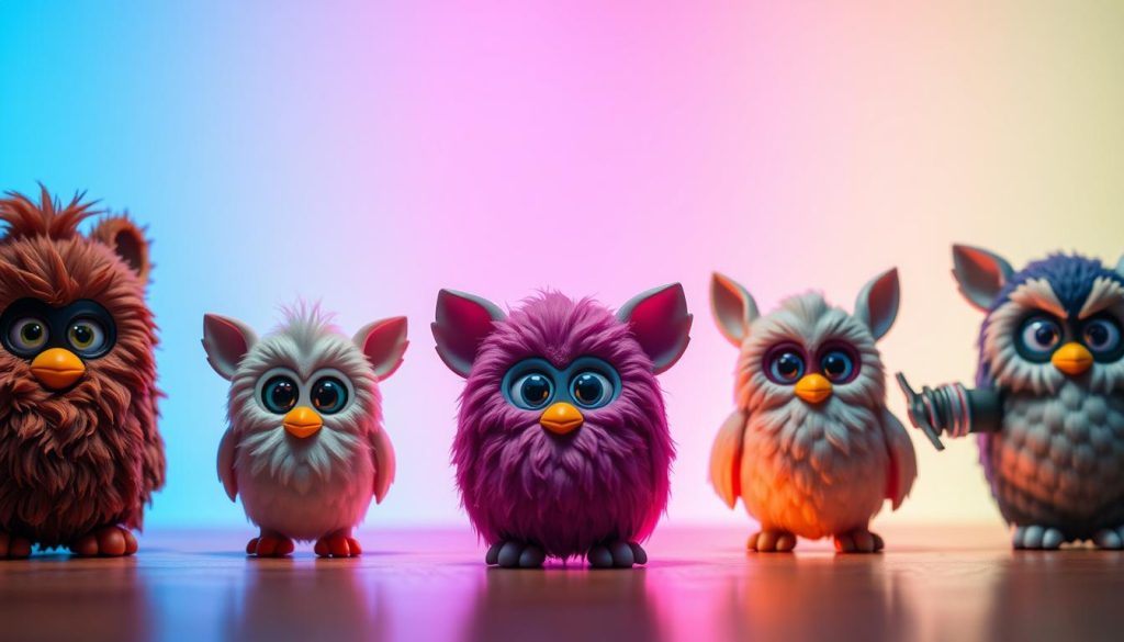 A chronological display of the iconic Furby's evolution, showcasing its transformation from the classic 1998 model to the modern, cutting-edge iterations. In the foreground, a visually striking arrangement of Furby figurines, each representing a distinct generation, from the original big-eyed, fuzzy creature to the sleek, expressive designs of recent years. The middle ground features a gradient backdrop, subtly transitioning through vibrant hues to convey the passage of time and the progression of the Furby's design. Soft, warm lighting casts a nostalgic glow, while a shallow depth of field keeps the focus on the captivating Furby specimens. The overall mood is one of wonder and fascination, inviting the viewer to explore the Furby's remarkable journey through the ages.