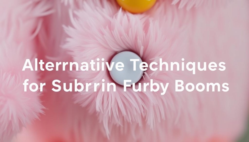 A close-up, detailed view of the reset button on a Furby Boom toy. The button is centered in the frame, highlighted against the soft, pastel-colored body of the Furby. Soft, directional lighting casts gentle shadows, accentuating the contours of the button and the plush texture of the toy. The image is captured at a slight angle, creating a sense of depth and emphasizing the button's accessibility. The background is blurred, keeping the focus solely on the reset mechanism and its importance in controlling the Furby Boom's functions. The overall mood is one of simplicity and clarity, providing a clear visual reference for the "Alternative Techniques for Stubborn Furby Booms" section.