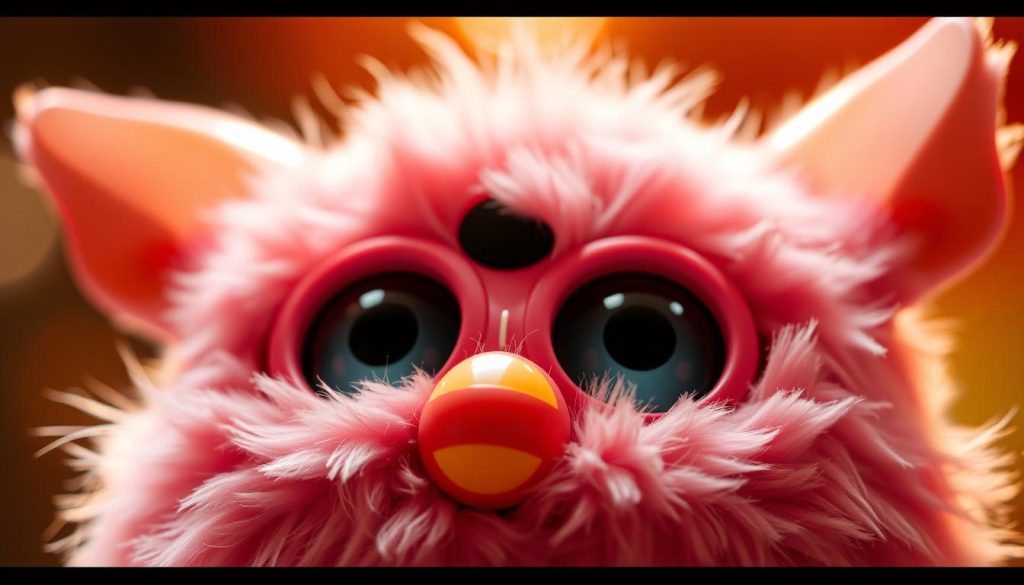 A close-up, detailed view of the unique features of an Emoto-Tronic Furby. Prominently displayed in the foreground are the Furby's expressive, oversized eyes with dynamic, shifting pupils that react to its surroundings. The middle ground showcases the Furby's articulated, animatronic ears that twitch and move in response to sounds and interactions. In the background, the Furby's fuzzy, textured fur coat shimmers under warm, diffused lighting, highlighting the creature's endearing, lifelike qualities. The overall scene conveys a sense of whimsical enchantment and technological marvel, capturing the Furby Emoto Tronic's captivating blend of nostalgia and innovative design.