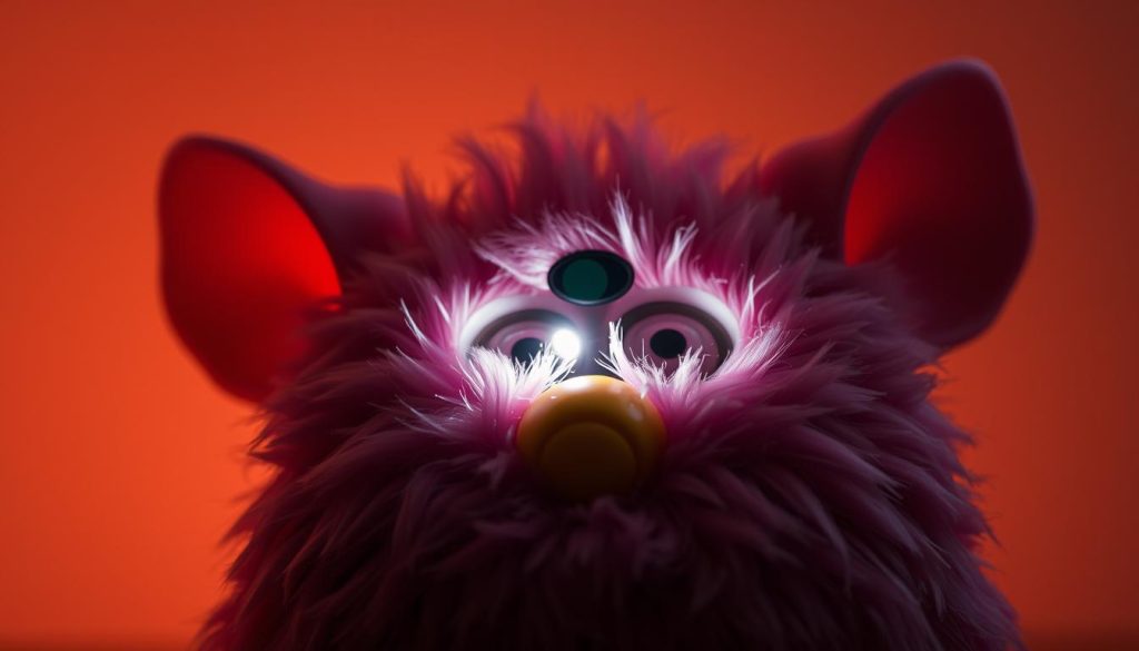 A close-up of a Furby (1998 model) with its light sensor visible, illuminated by a warm, ambient light. The sensor is situated on the Furby's forehead, surrounded by its distinctive fur and features. The image has a clean, minimalist composition, with a shallow depth of field that focuses attention on the light sensor. The lighting creates soft shadows and highlights the Furby's textures, conveying a sense of simplicity and functionality. The overall mood is one of quiet contemplation, hinting at the potential methods for powering down this classic interactive toy.