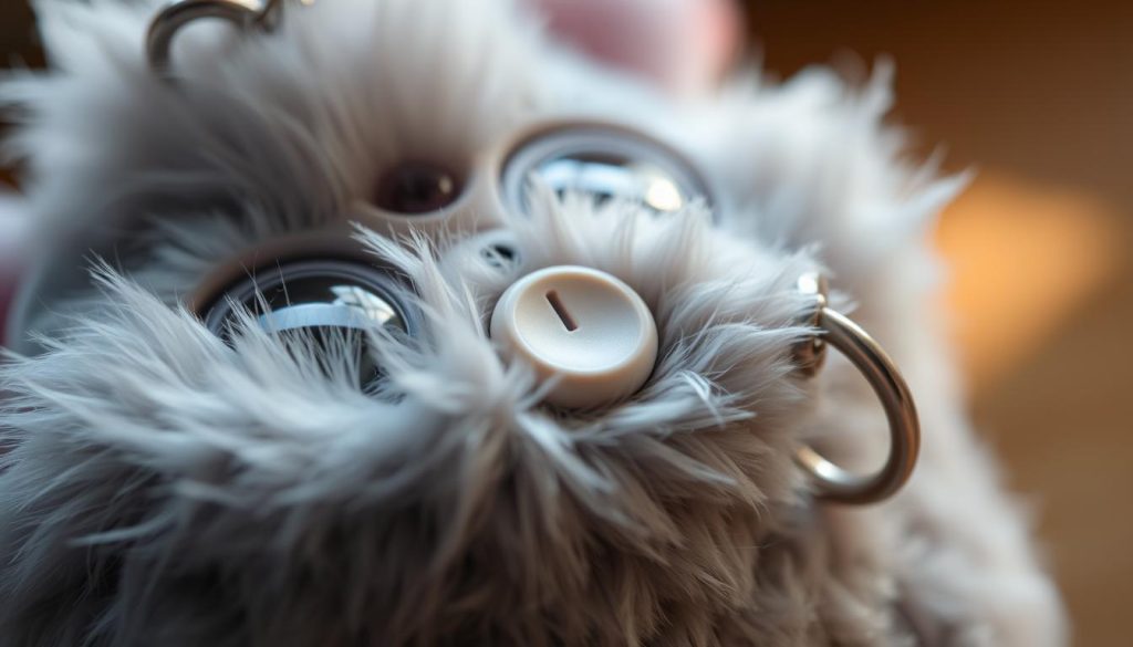 A close-up shot of a vintage Furby keychain, its round eyes and fuzzy grey fur illuminated by soft, natural lighting. The power button, a small circular indentation, is prominently featured in the center of the frame, inviting the viewer to explore and understand its function. The keychain's metal ring and clasp are visible, hinting at its portability and practical use. The background is slightly blurred, keeping the focus squarely on the power button and the tactile details of the Furby figure. The overall mood is one of curiosity and simplicity, guiding the viewer towards the core interaction of turning the Furby keychain on and off.