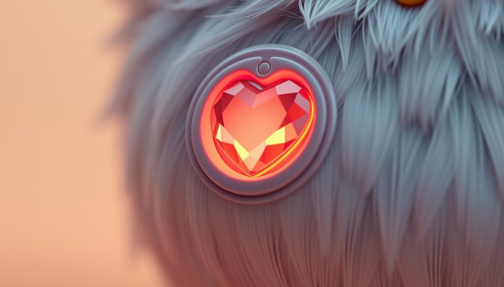 A close-up shot of the heart-shaped power button on a Furby2024, rendered in highly detailed, photorealistic style. The gem is the focal point, glowing softly with an inner light, its facets catching the warm, indirect lighting from an unseen source. The surface of the Furby's plastic casing is smooth and lustrous, with subtle reflections and highlights that convey the tactile quality of the object. The composition emphasizes the button's simple yet elegant design, placing it against a plain, neutral background that allows the heart gem to be the sole point of interest.